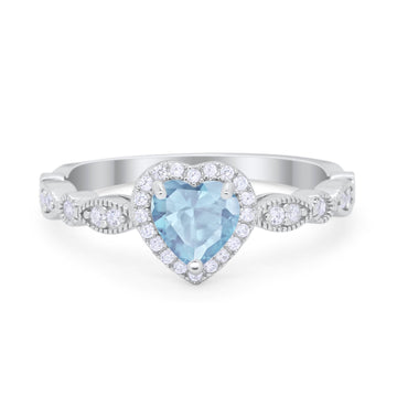 Art Deco Heart Promise Wedding Ring Simulated Aquamarine CZ 925 Sterling Silver